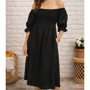 Paloma Black Linen Smocked Off-The-Shoulder Midi Dress Size S